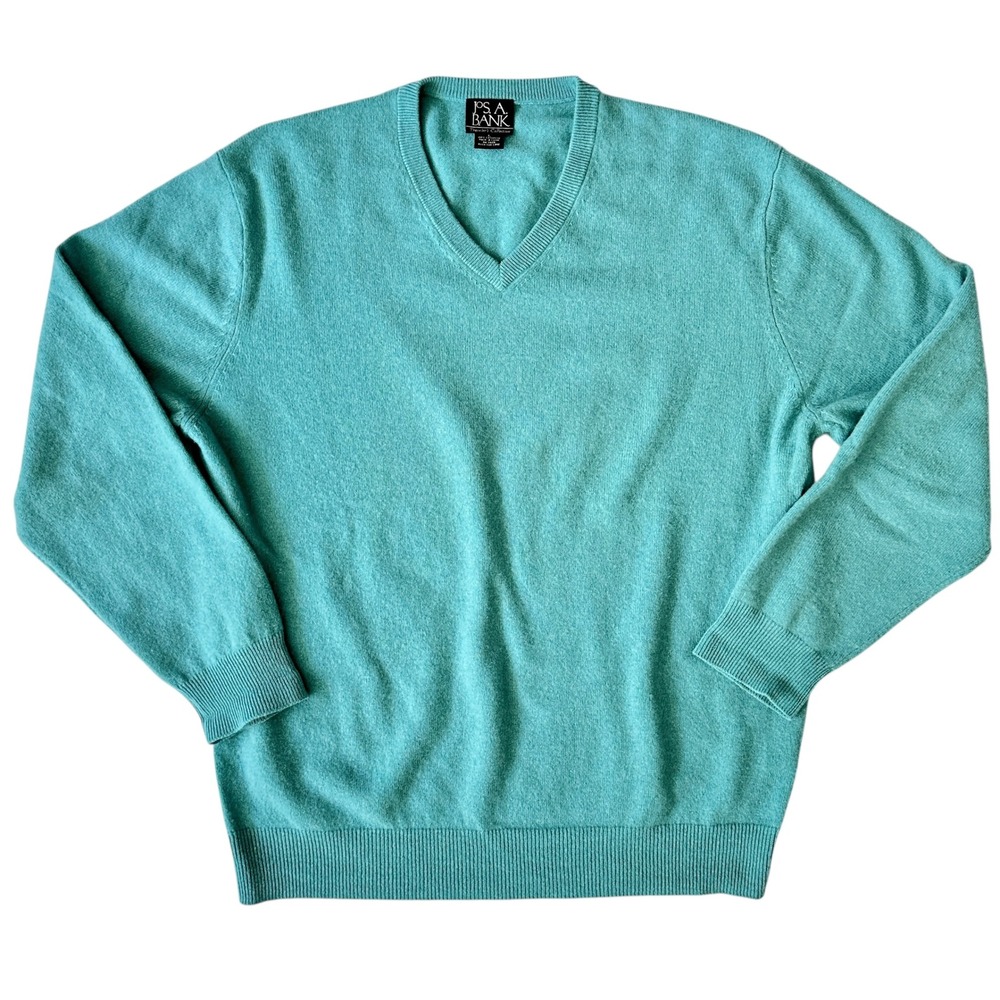 VTG Jos A Bank V-Neck Soft Cashmere Sweater Large‎ Teal Blue Old Money Classic